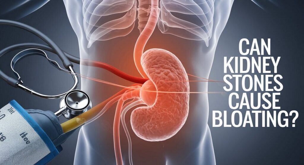 Illustration showing kidney stones affecting the kidneys and causing bloating, highlighting the link between renal issues and abdominal discomfort.