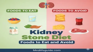 Visual guide of foods to eat and avoid for a kidney stone diet, featuring fruits, vegetables, and grains.
