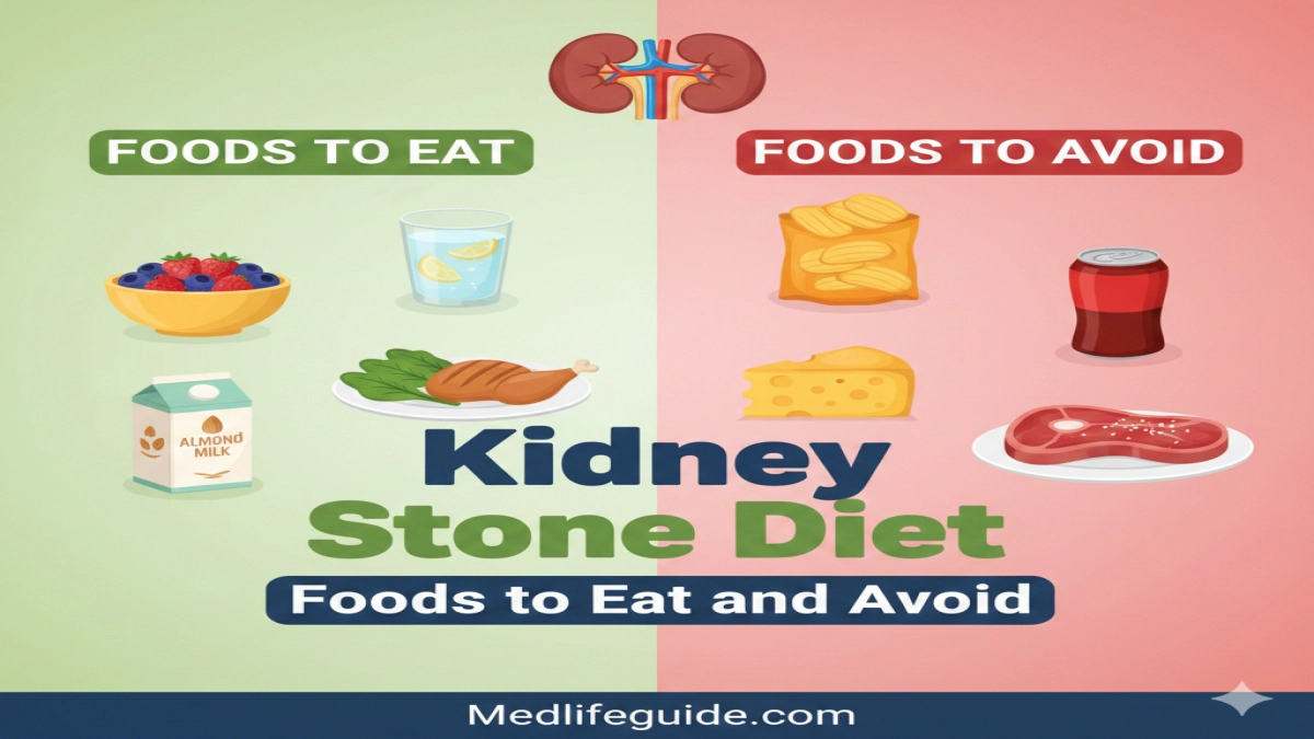 Visual guide of foods to eat and avoid for a kidney stone diet, featuring fruits, vegetables, and grains.