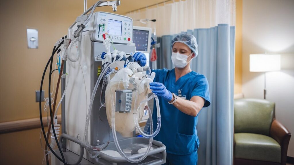 medical professional setting up a renal replacement machine