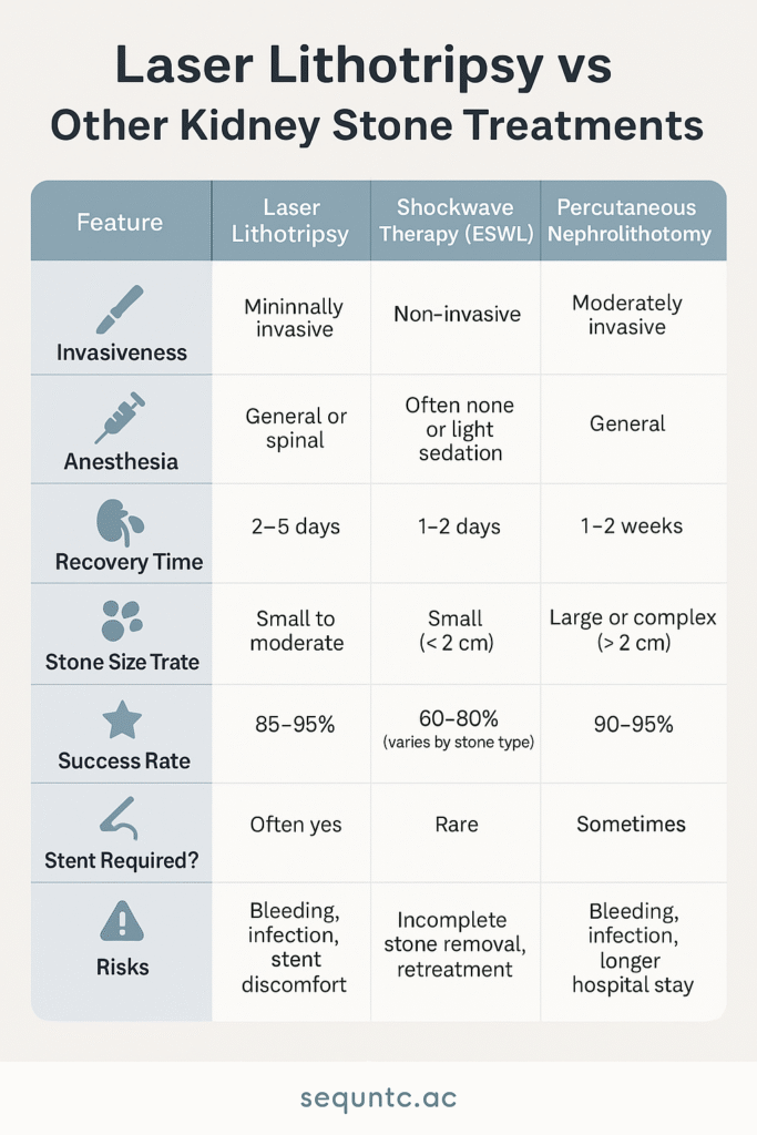 Comparison table of three kidney stone treatments: Laser Lithotripsy, Shockwave Therapy (ESWL), and Percutaneous Nephrolithotomy (PCNL). Laser Lithotripsy is minimally invasive, uses general or spinal anesthesia, has a recovery time of 2–5 days, treats small to moderate stones, has an 85–95% success rate, often requires a stent, and carries risks like bleeding and infection. ESWL is non-invasive, often requires no or light sedation, recovers in 1–2 days, treats small stones under 2 cm, has a 60–80% success rate, rarely requires a stent, and may lead to incomplete stone removal. PCNL is moderately invasive, uses general anesthesia, has a 1–2 week recovery, treats large or complex stones over 2 cm, has a 90–95% success rate, sometimes needs a stent, and carries risks like bleeding and longer hospital stays.