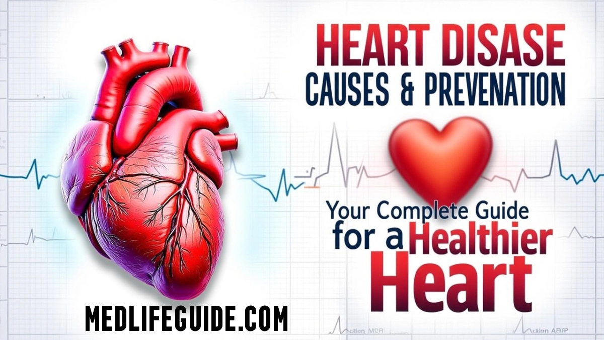 Infographic illustrating causes and prevention strategies for heart disease, featuring statistics and health tips.