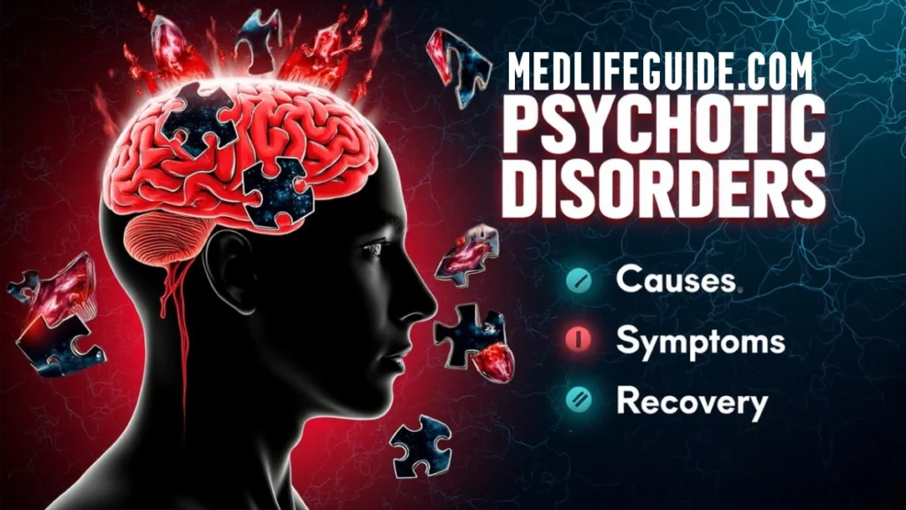 Educational graphic on psychotic disorders, highlighting causes, symptoms, and treatment methods by MedLifeGuide.