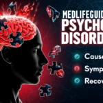 Educational graphic on psychotic disorders, highlighting causes, symptoms, and treatment methods by MedLifeGuide.