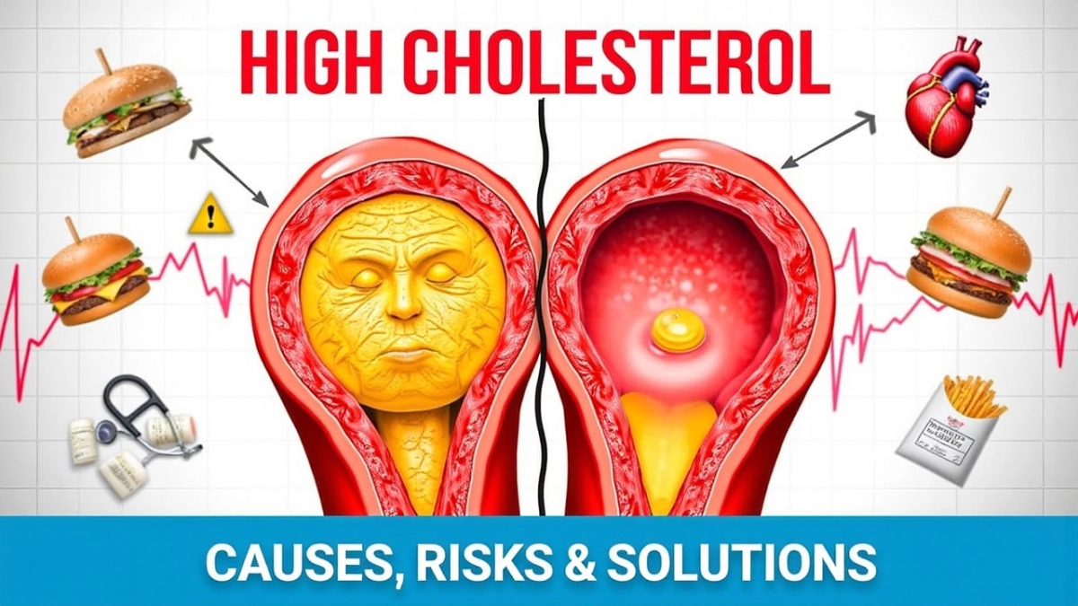 Infographic illustrating high cholesterol risks and solutions for better heart health management.