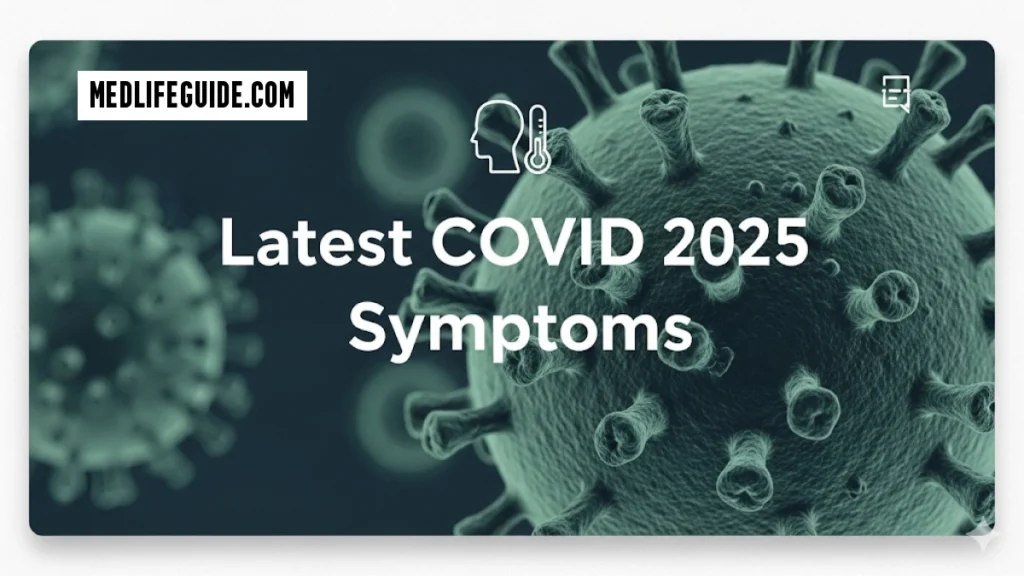 Infographic showing the latest COVID-19 symptoms for 2025, created by MedLifeGuide.