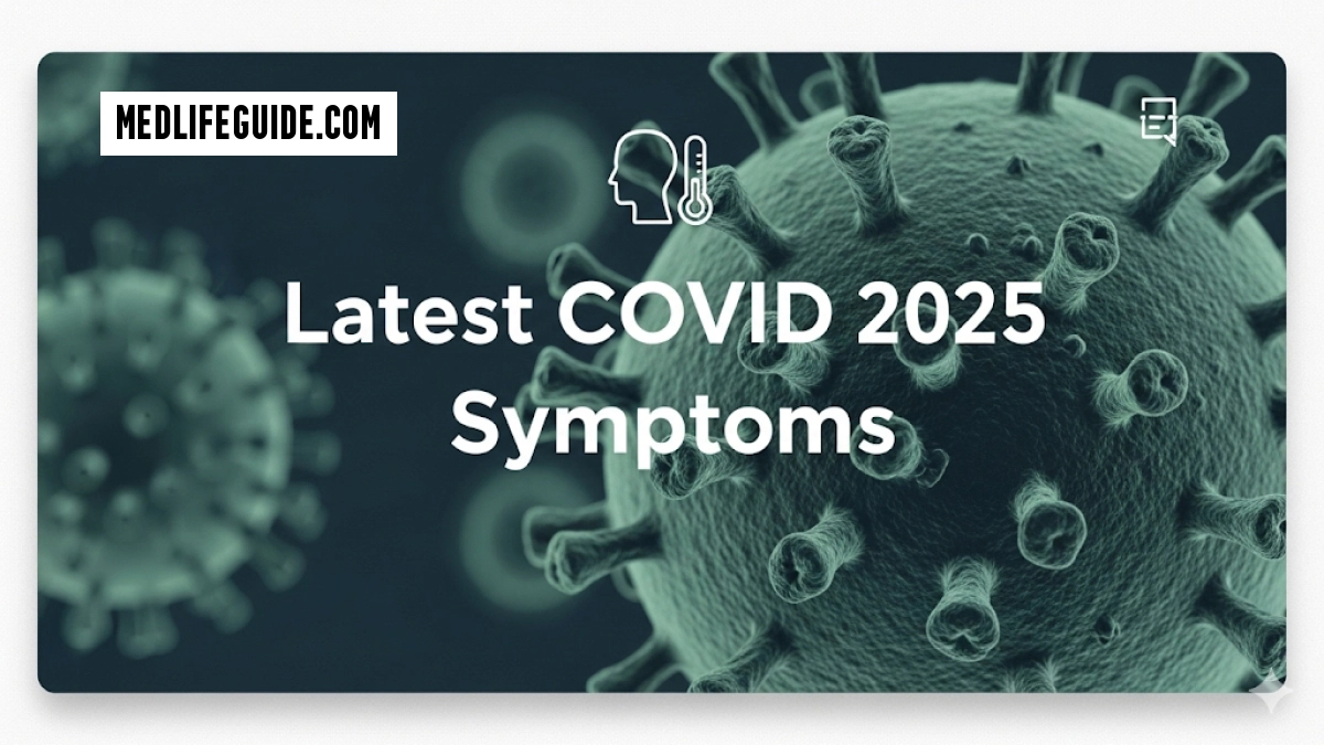 Infographic showing the latest COVID-19 symptoms for 2025, created by MedLifeGuide.