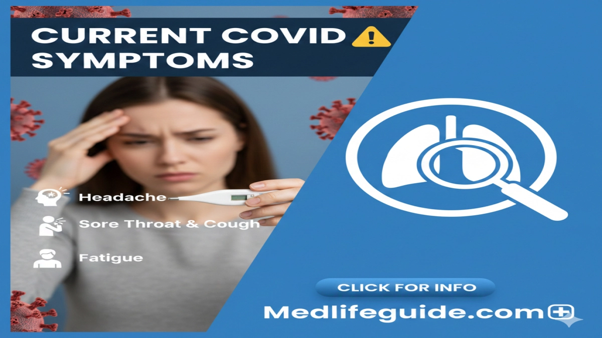 Infographic from MedLifeGuide detailing current COVID symptoms, including cough, fever, and loss of taste or smell.
