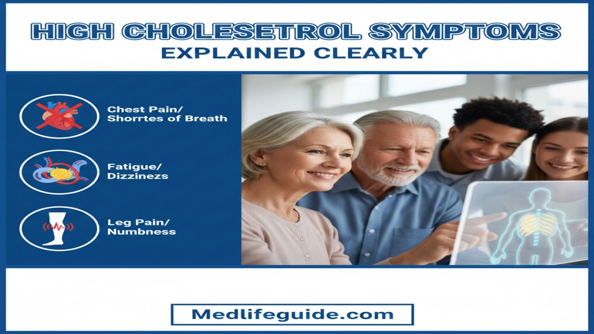 Clear infographic illustrating high cholesterol symptoms, provided by MedLifeGuide.
