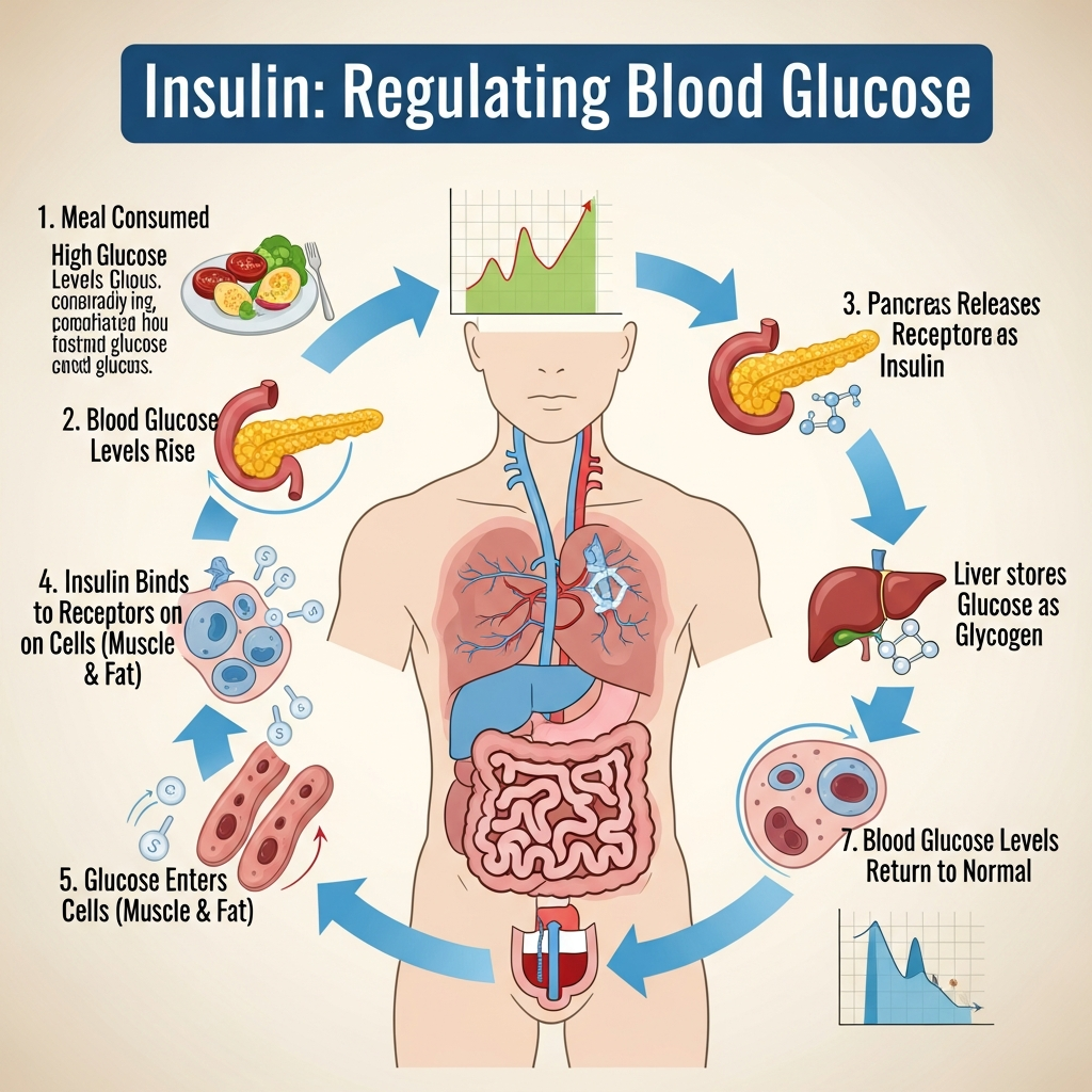 Infographic explaining how insulin regulates blood glucose in the body