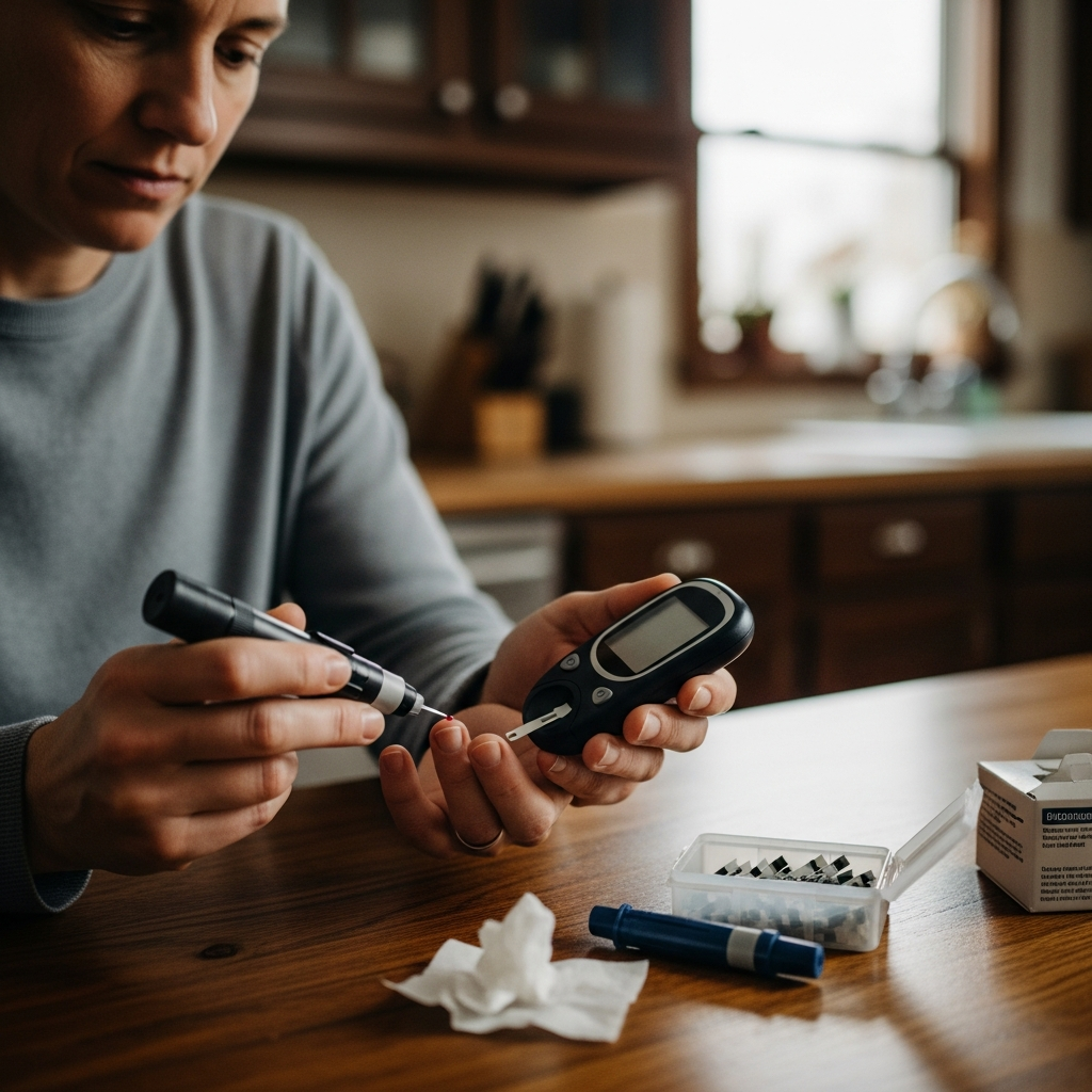 Person checking blood sugar at home using a glucose meter