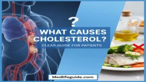Visual representation of cholesterol causes, created by MedLifeGuide, highlighting lifestyle and dietary influences.