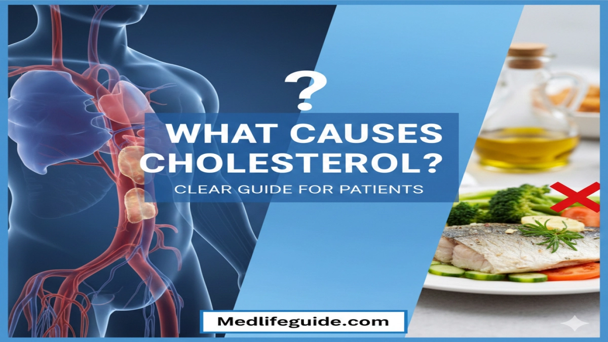 Visual representation of cholesterol causes, created by MedLifeGuide, highlighting lifestyle and dietary influences.