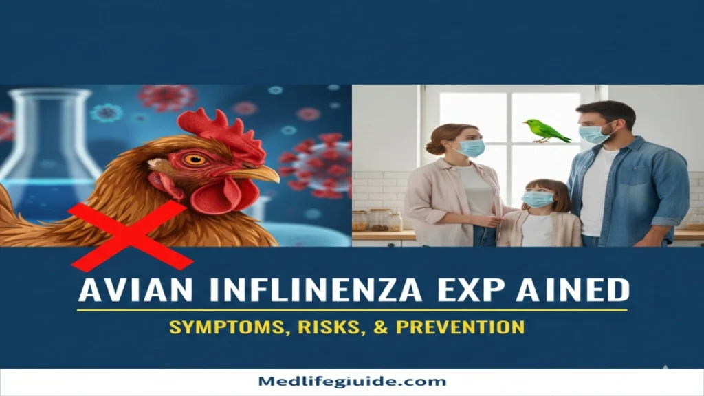 Infographic on avian influenza: symptoms, risks, and prevention, created by MedLifeGuide.