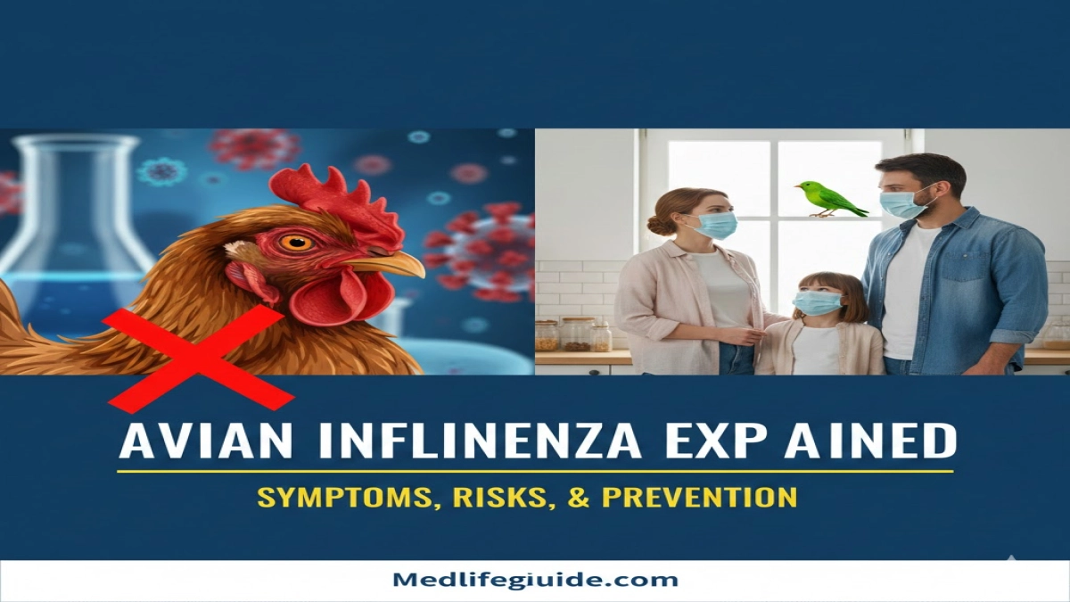 Infographic on avian influenza: symptoms, risks, and prevention, created by MedLifeGuide.