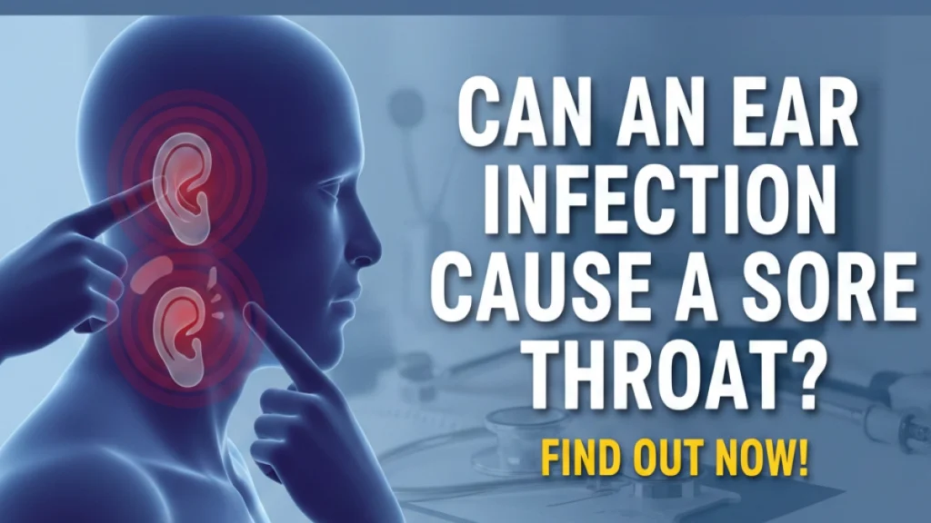 Visual of the question, "Can an ear infection cause a sore throat?" by MedLifeeguide, exploring health connections.