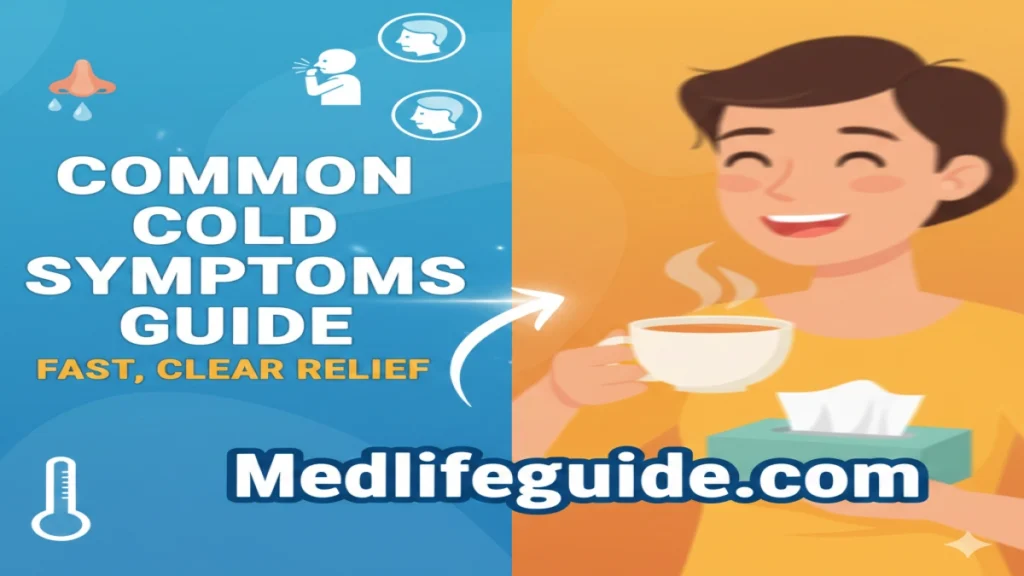 Infographic on common cold symptoms and fast relief options by MedLifeGuide.