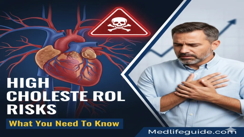 Graphic discussing high cholesterol risks, titled "High Cholesterol Risks" by MedLifeGuide, emphasizing essential health facts.