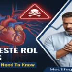 Graphic discussing high cholesterol risks, titled "High Cholesterol Risks" by MedLifeGuide, emphasizing essential health facts.