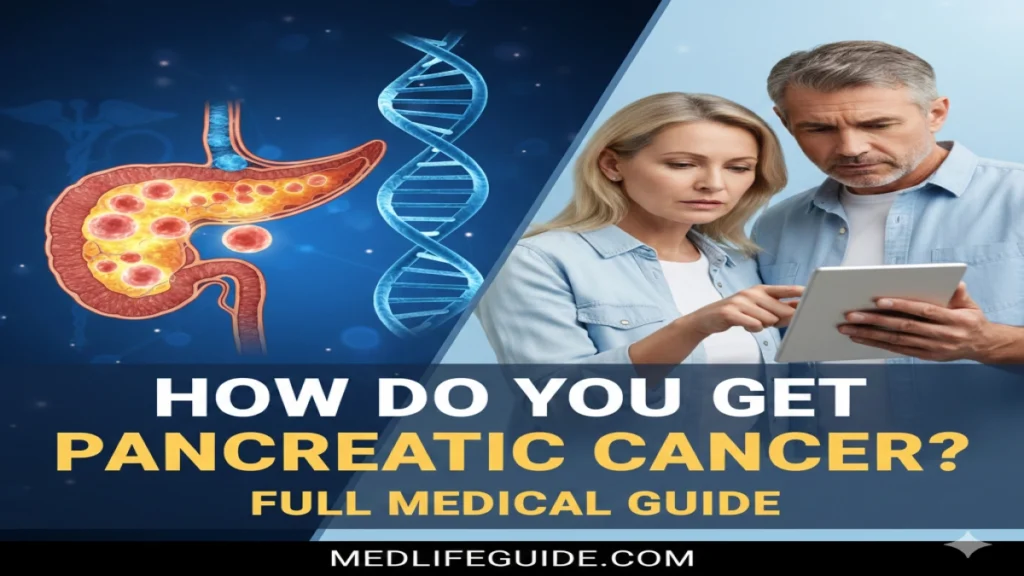 Visual of "How Do You Get Pancreatic Cancer?" from MedLifeGuide, highlighting information on the disease's origins and risks.
