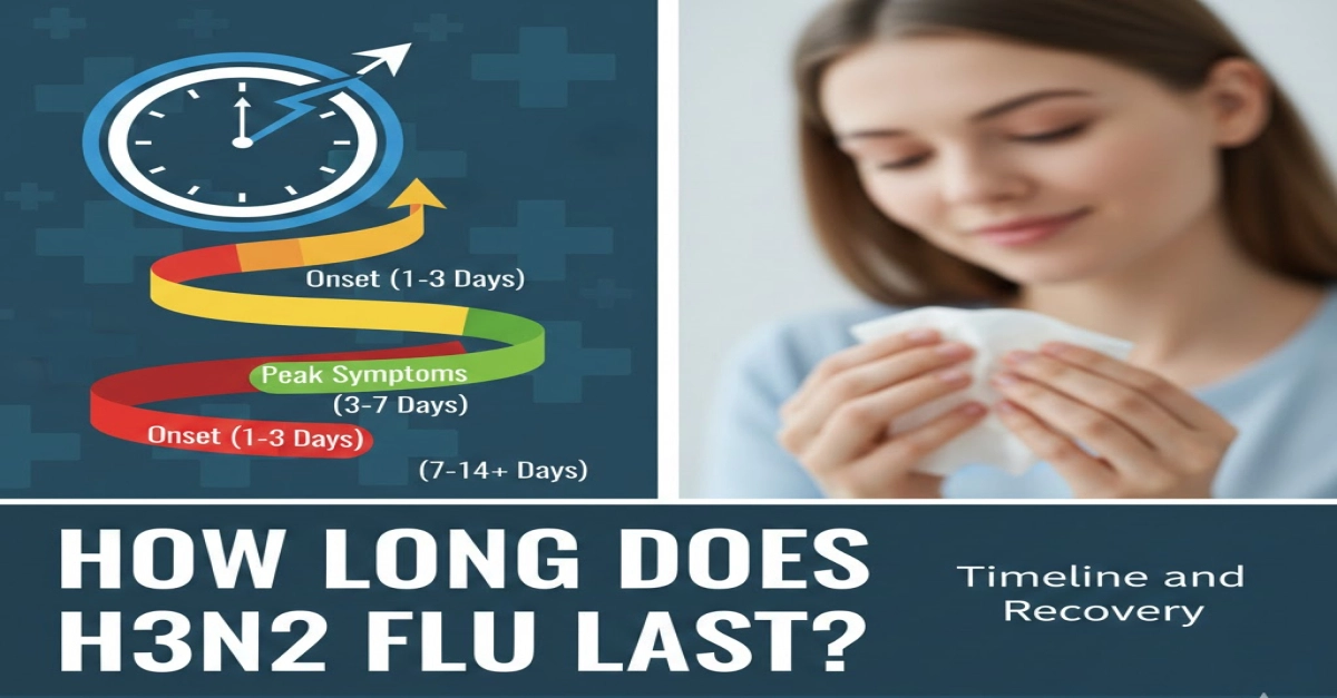 Infographic on H3N2 flu duration, titled "How Long Does H3N2 Flu Last" from MedLifeGuide.