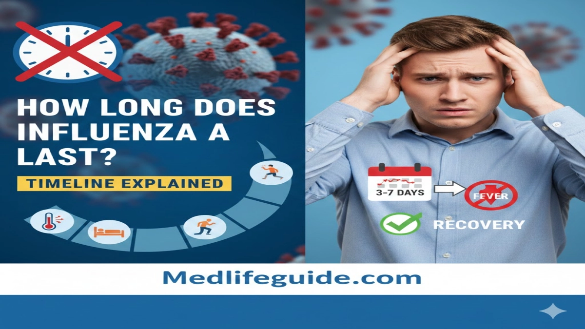 Infographic on how long Influenza A lasts, created by MedLifeGuide, showing duration and recovery tips.