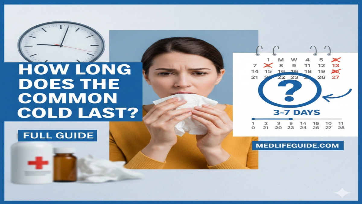 Visual guide from MedLifeGuide explaining the typical duration of the common cold and its associated symptoms.