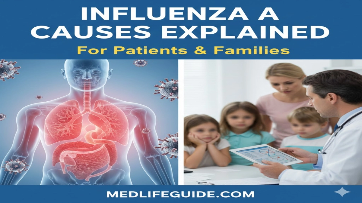 Educational image detailing Influenza A causes for patients and families, provided by MedLifeGuide.