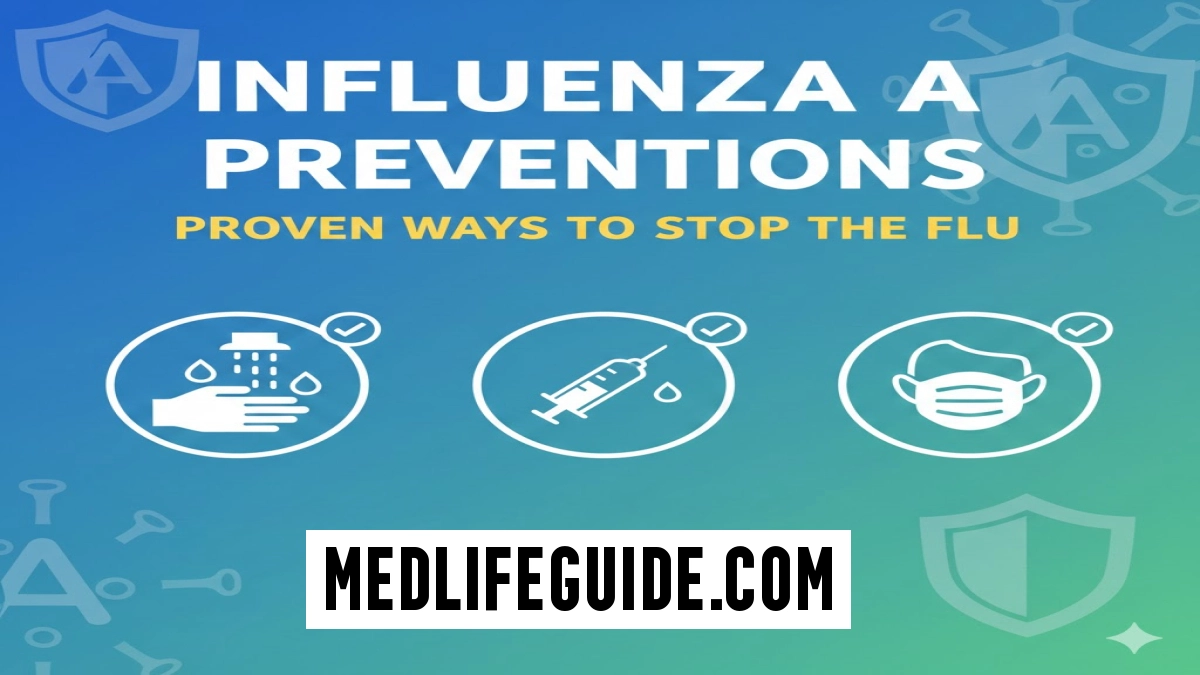 Infographic on Influenza A prevention methods by MedLifeGuide, featuring tips and guidelines for staying healthy.