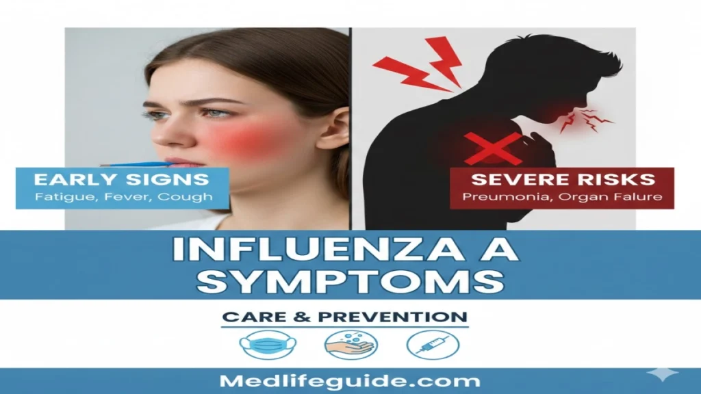 Infographic showing symptoms of Influenza A and B, labeled by MedLifeGuide for easy understanding of flu signs.