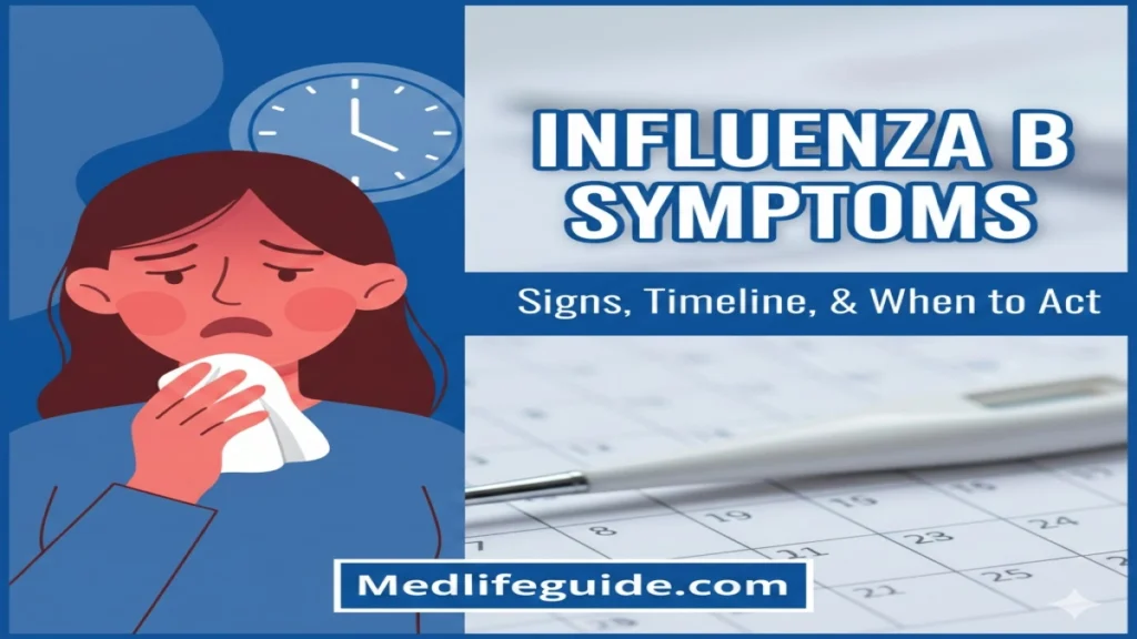 Infographic on Influenza B symptoms, timeline, and action steps by MedLifeGuide.
