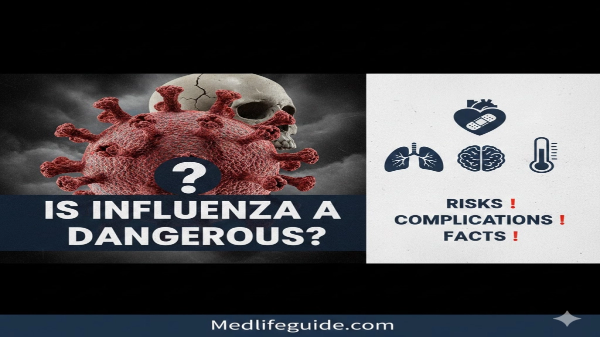Visual explaining the complications of Influenza A, titled "Is Influenza A Dangerous?" by MedLifeGuide.