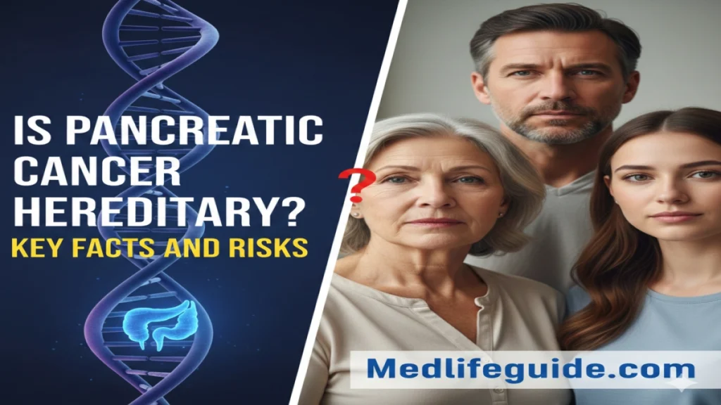 MedLifeGuide image discussing whether pancreatic cancer is hereditary, highlighting genetic factors involved.