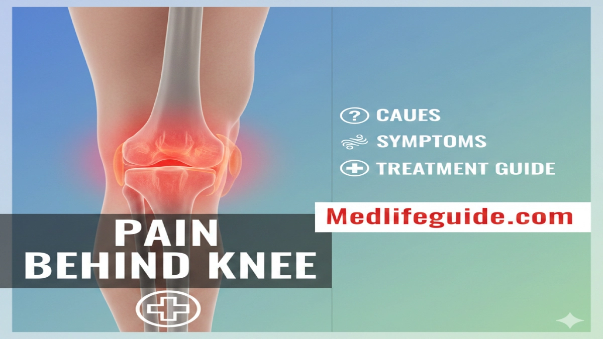 Illustration depicting pain behind the knee, titled "Pain Behind Knee" by MedLifeGuide.