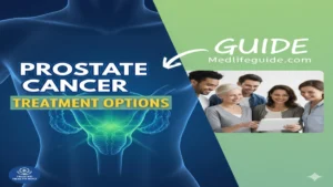 Image showing various treatment options for prostate cancer by MedLifeGuide, including surgery, radiation, and medication.