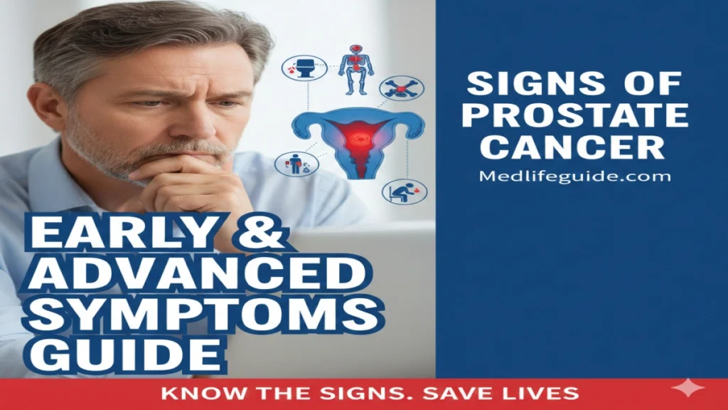 Guide on early and advanced signs of prostate cancer by MedLifeGuide, featuring key symptoms to watch for.