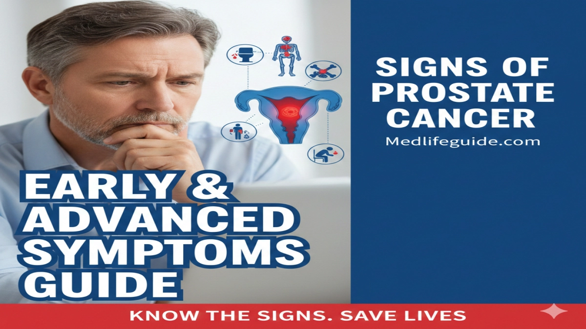 Guide on early and advanced signs of prostate cancer by MedLifeGuide, featuring key symptoms to watch for.