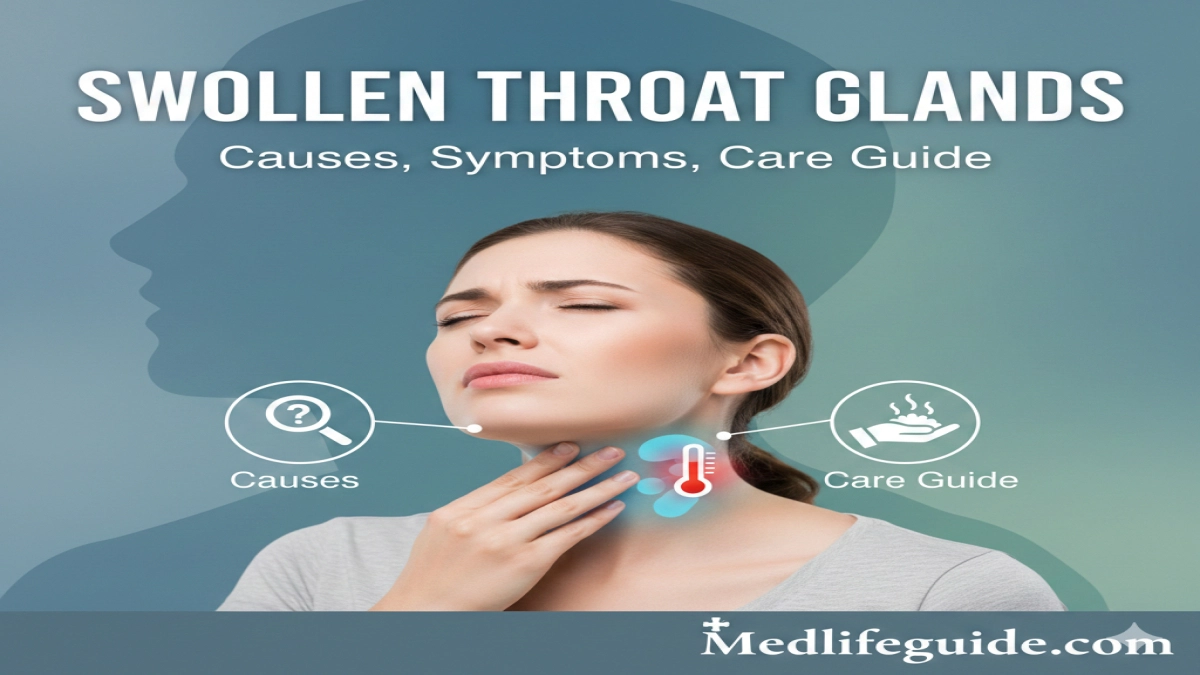 Visual guide to swollen throat glands, detailing causes, symptoms, and treatments by Medlifeeguide.