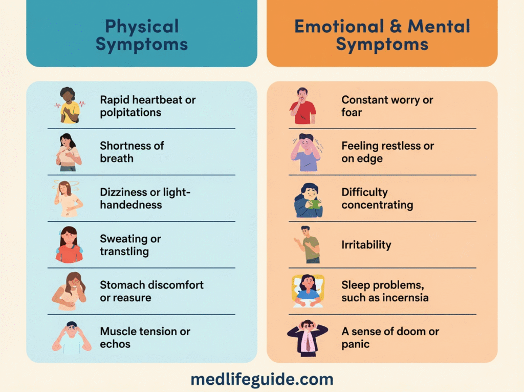 Visual guide illustrating different physical and emotional symptoms of anxiety, from the resource "What Is Anxiety" by MedLifeGuide.