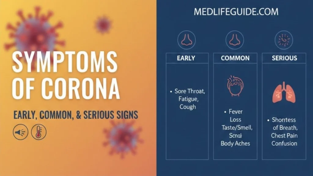 Infographic titled "Symptoms of Coronavirus" by MedLifeGuide, detailing common COVID-19 symptoms for awareness.