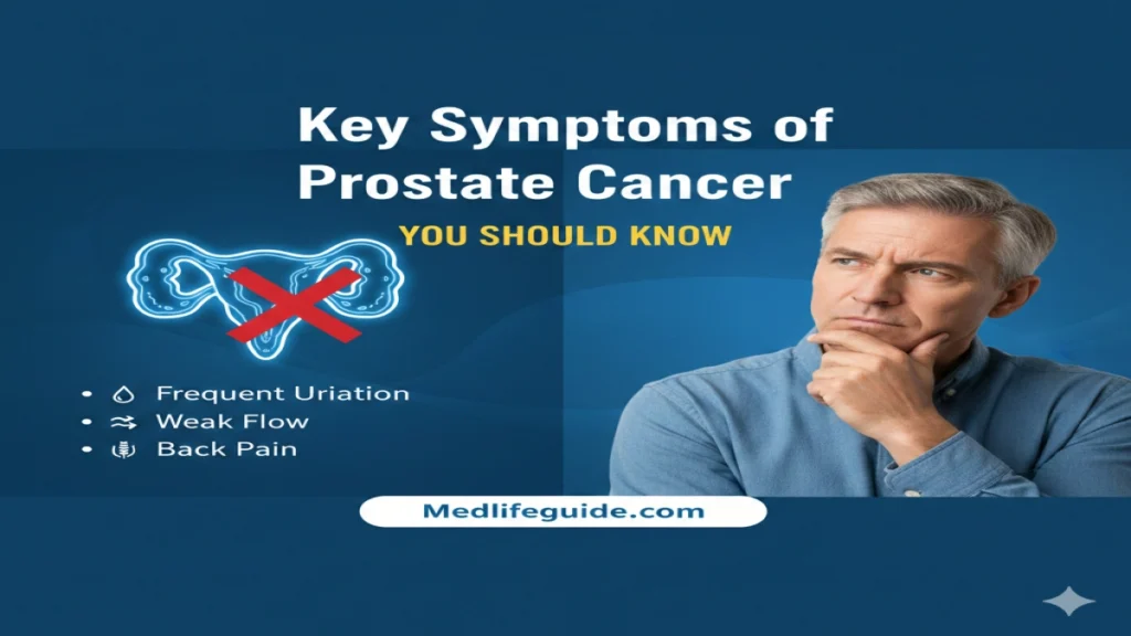 Key symptoms of prostate cancer illustrated, provided by MedLifeGuide, highlighting important signs to watch for.