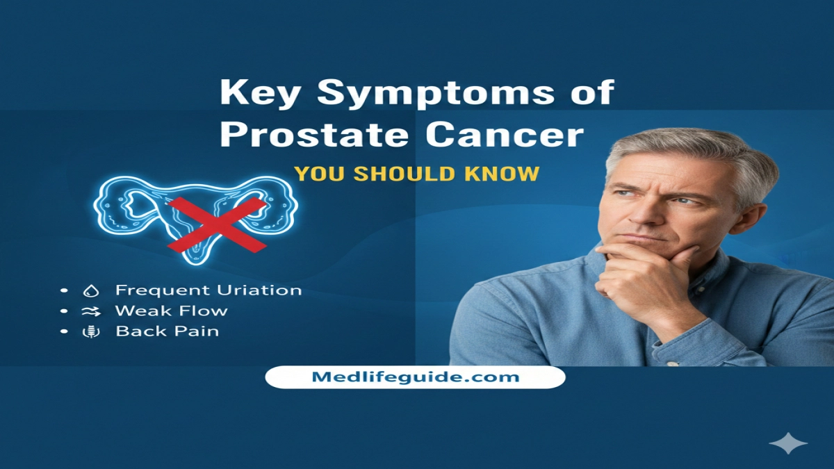 Key symptoms of prostate cancer illustrated, provided by MedLifeGuide, highlighting important signs to watch for.