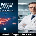 Infographic titled "What Causes Pancreatic Cancer?" by MedLifeGuide, outlining risk factors and causes of the disease.
