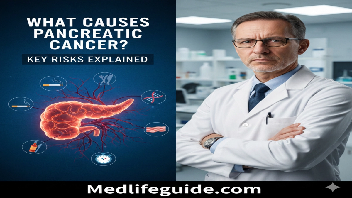 Infographic titled "What Causes Pancreatic Cancer?" by MedLifeGuide, outlining risk factors and causes of the disease.