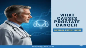 Infographic titled "What Causes Prostate Cancer?" by MedLifeGuide, explaining various risk factors and causes.