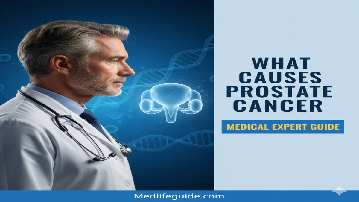Infographic titled "What Causes Prostate Cancer?" by MedLifeGuide, explaining various risk factors and causes.