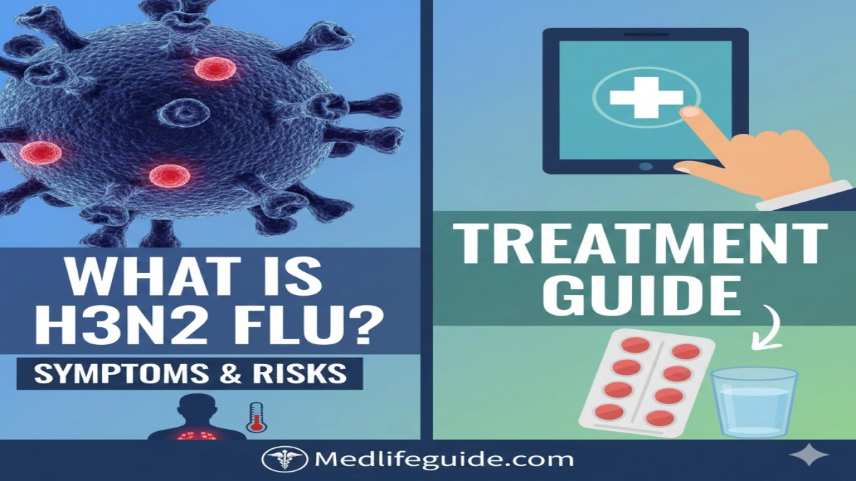 H3N2 flu information graphic, highlighting symptoms and risks, sourced from medlifeguide.com.