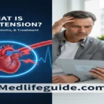Infographic titled "What Is Hypertension" by MedLifeGuide, detailing causes and effects of high blood pressure.