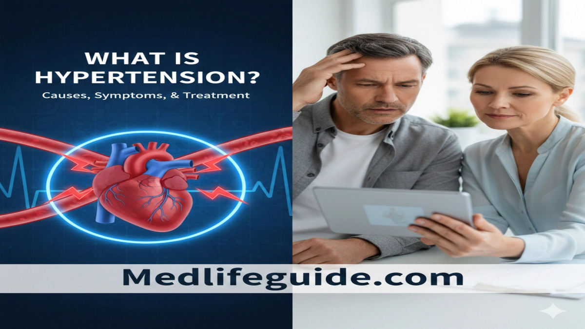 Infographic titled "What Is Hypertension" by MedLifeGuide, detailing causes and effects of high blood pressure.