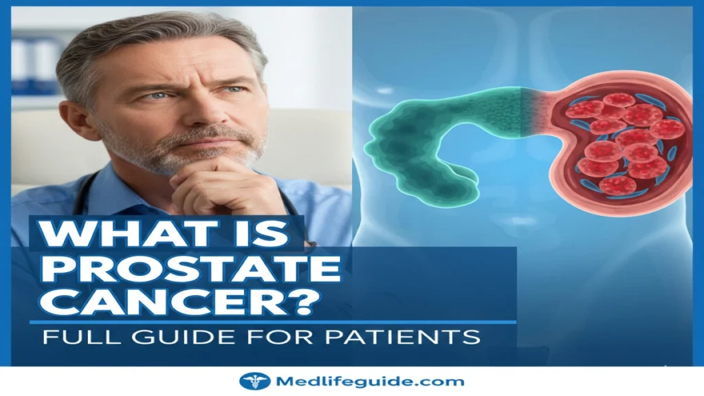 Cover image for "What Is Prostate Cancer" by MedLifeGuide, featuring key information about the disease and its impact.